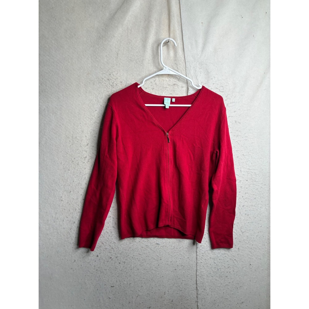 Shu Shu Red Full Zip V-Neck Cardigan Sweater Womens Medium Cotton Blend 8796